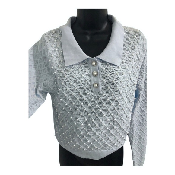 Blue diamond pattern pearl adorned‎ collared sweater top new size XL new - Picture 12 of 17